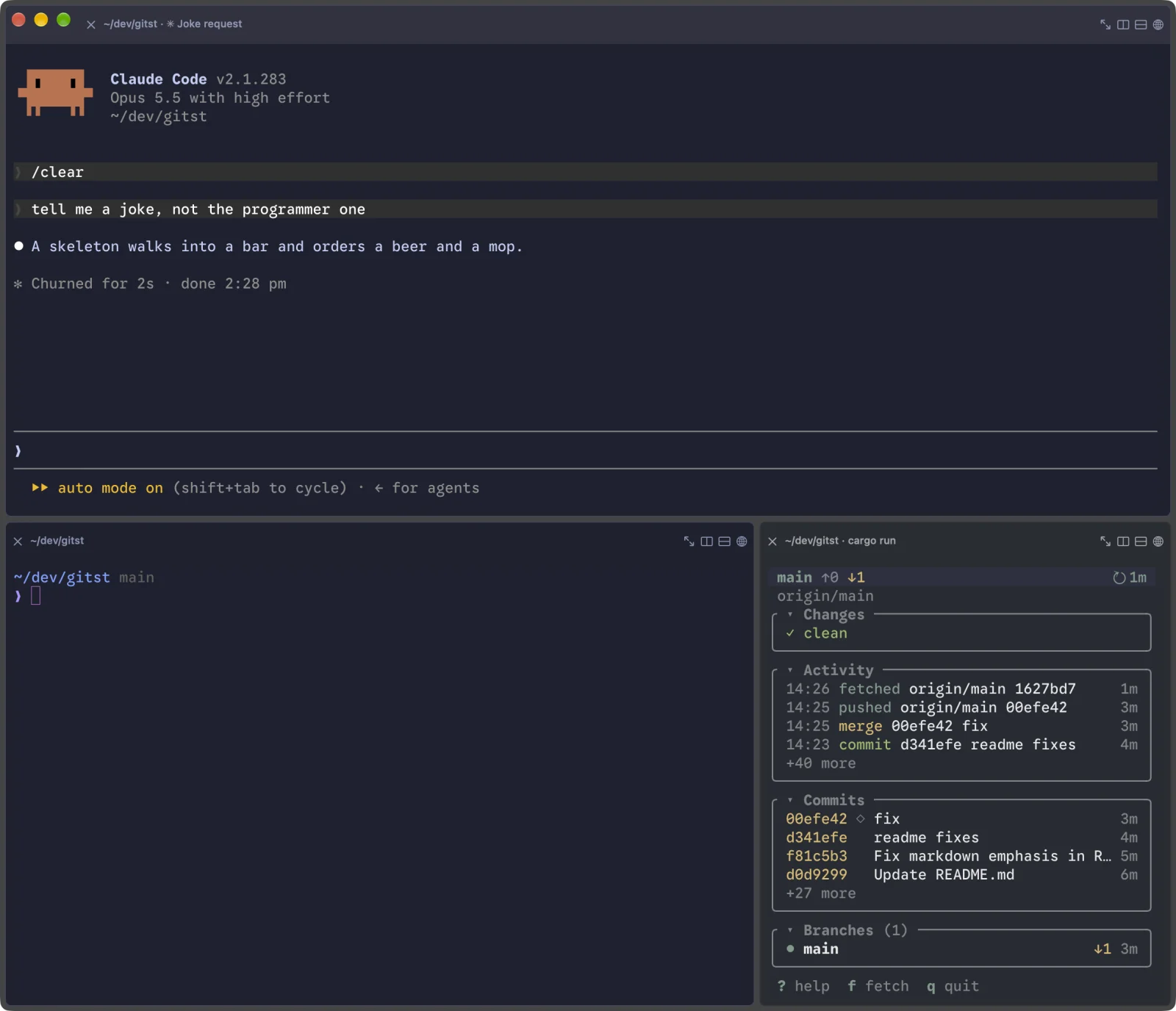 Gitst in the lower right pane, beside a coding agent and a shell