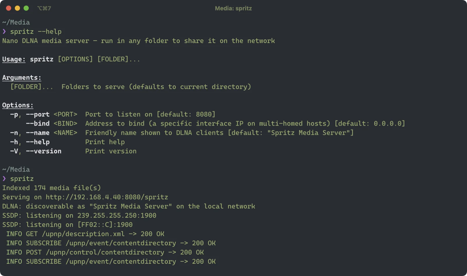 Spritz serving a folder in the terminal