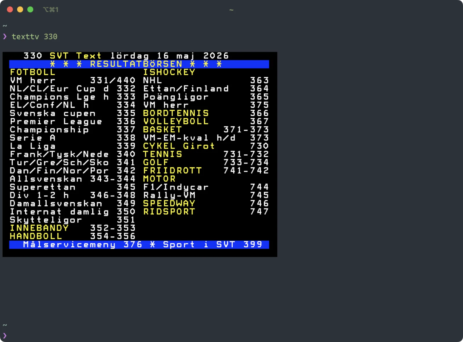 Page 330, the sports results index, shown in a terminal